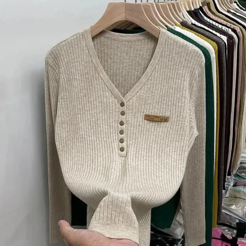 Women's V-Neck Sweater with Button Details for Cozy Style sold by Hensley London