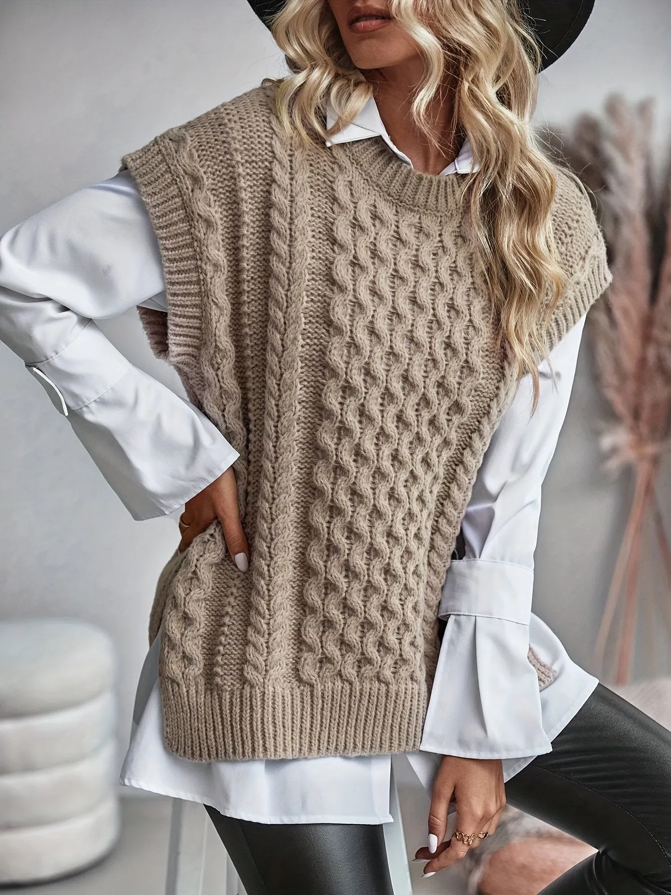 Women's Sleeveless Cable Knit Vest - Relaxed Fit Layering Essential sold by Hensley London