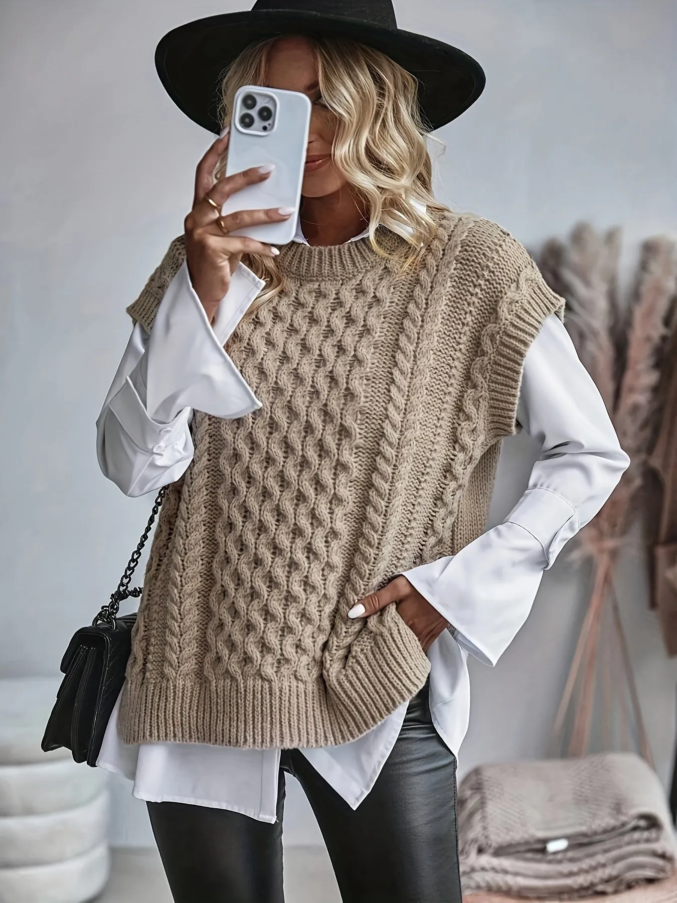Women's Sleeveless Cable Knit Vest - Relaxed Fit Layering Essential sold by Hensley London product image thumbnail 2