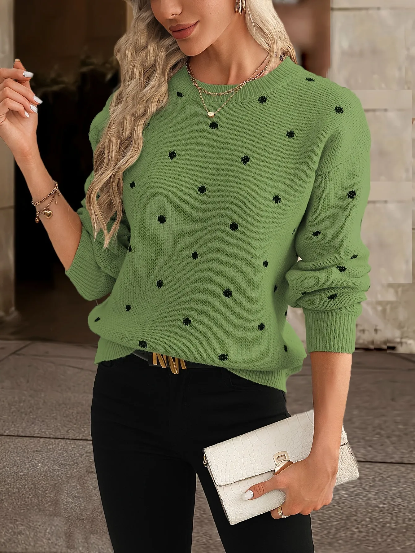 Women's Polka Dot Knitted Sweater - Crew Neck - Long Sleeve Relaxed Fit sold by Hensley London product image thumbnail 4