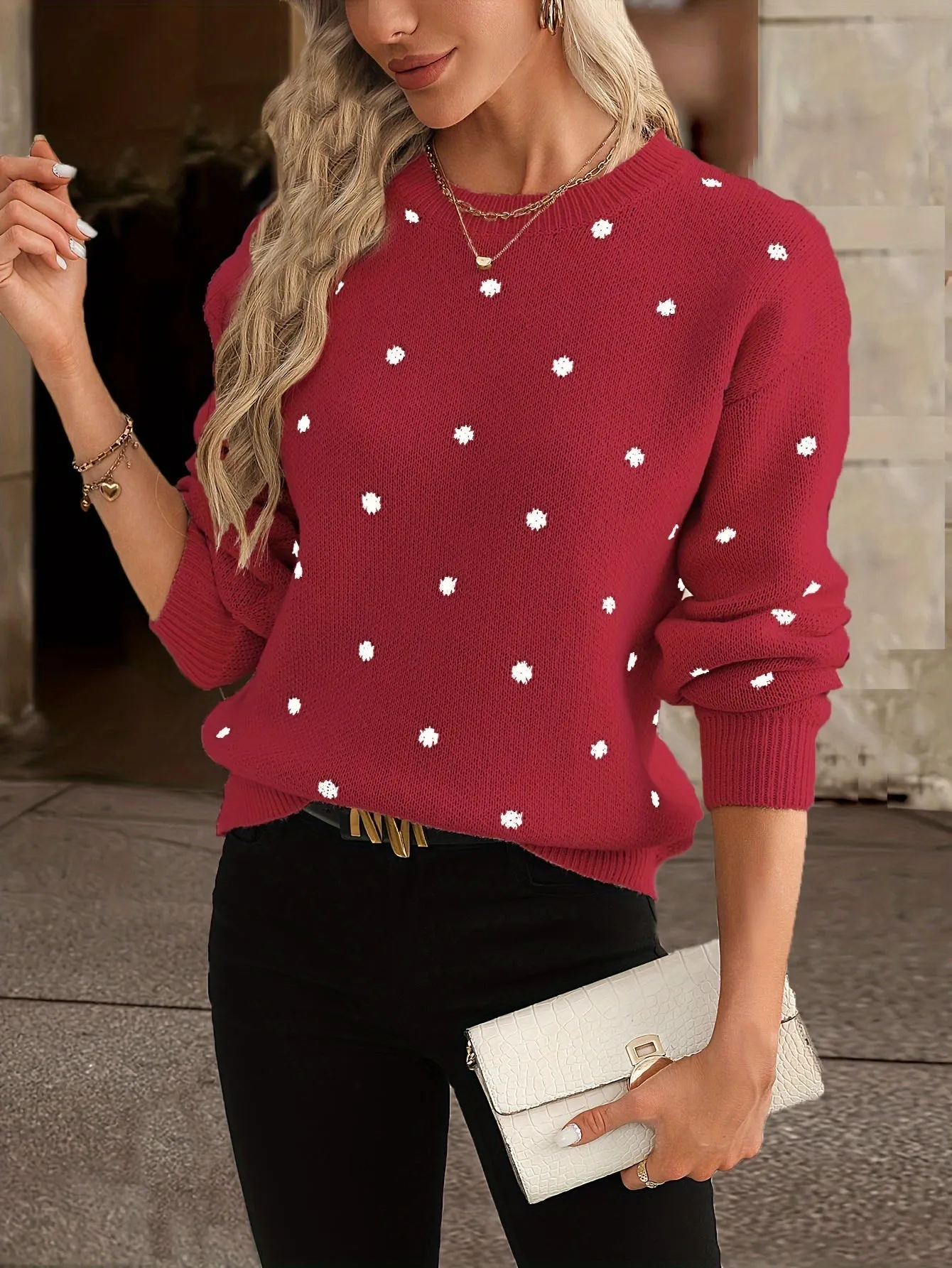 Women's Polka Dot Knitted Sweater - Crew Neck - Long Sleeve Relaxed Fit sold by Hensley London product image thumbnail 5