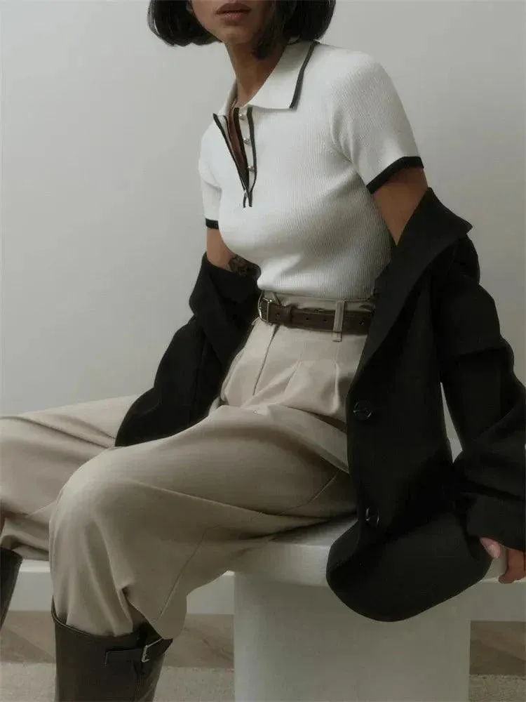 Women's Ribbed Knit Polo Shirt - Short Sleeve with Button Placket sold by Hensley London product image thumbnail 5