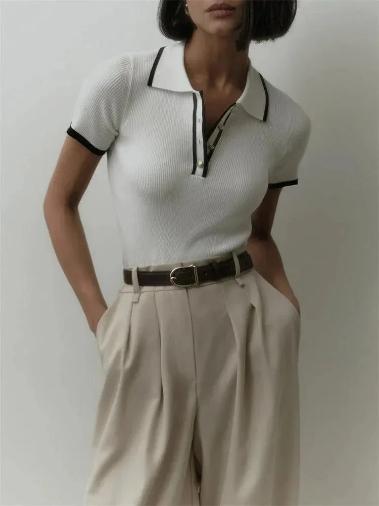 Women's Ribbed Knit Polo Shirt - Short Sleeve with Button Placket sold by Hensley London product image thumbnail 2