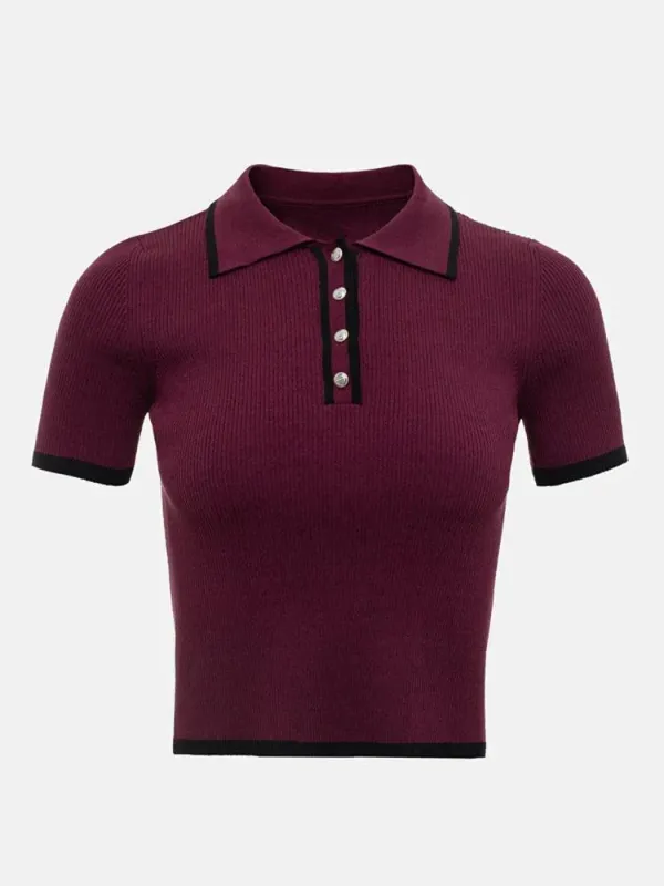 Women's Ribbed Knit Polo Shirt - Short Sleeve with Button Placket sold by Hensley London