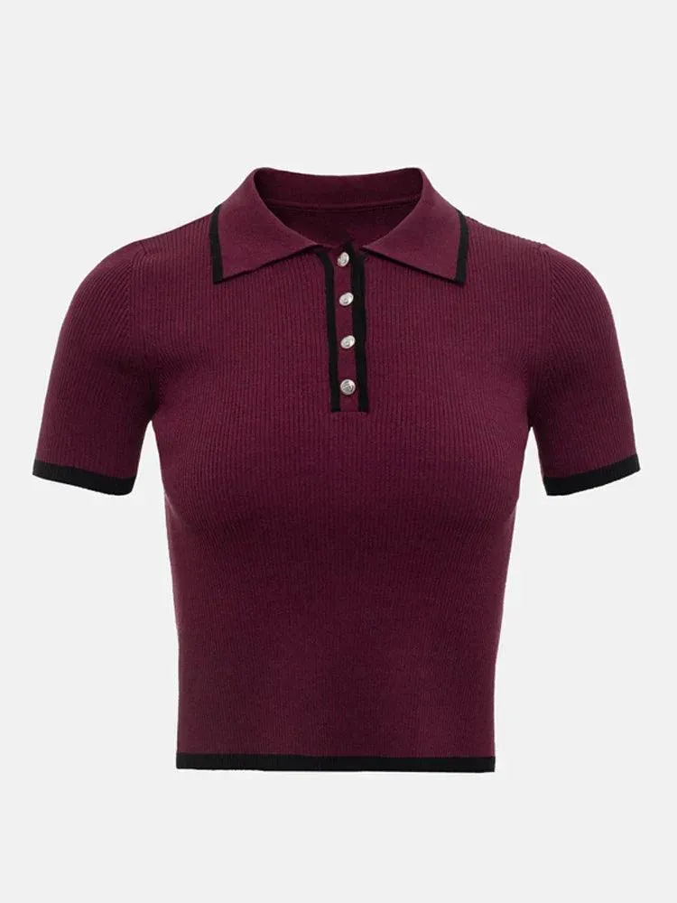 Women's Ribbed Knit Polo Shirt - Short Sleeve with Button Placket sold by Hensley London