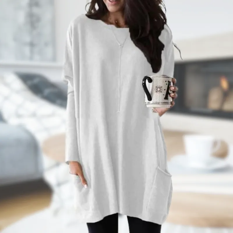 Women's Oversized Tunic Sweater - Soft Knit, Long Sleeve, Round Neck with Front Pocket sold by Hensley London