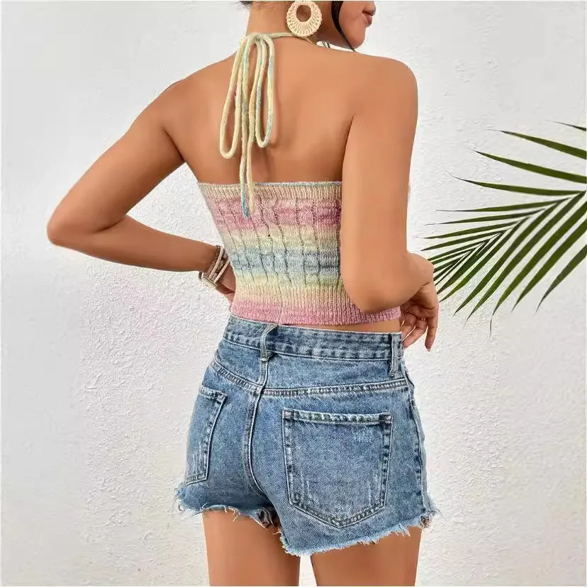 Women's Halter Crop Top Beige Slim Fit Knit Cable Pattern sold by Hensley London product image thumbnail 2