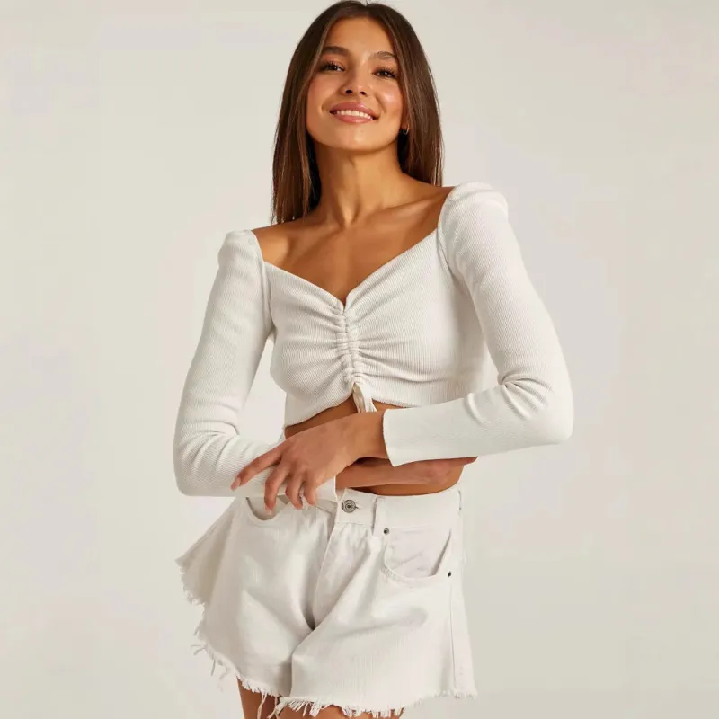 Women's Slim Fit Cropped Top - Ribbed Knit Tie Front V-Neck Long Sleeve sold by Hensley London