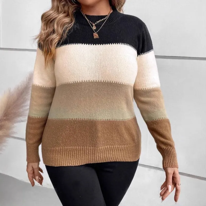 Women's Relaxed Fit Crewneck Sweater - Knitted Long Sleeve with Color Block Design sold by Hensley London