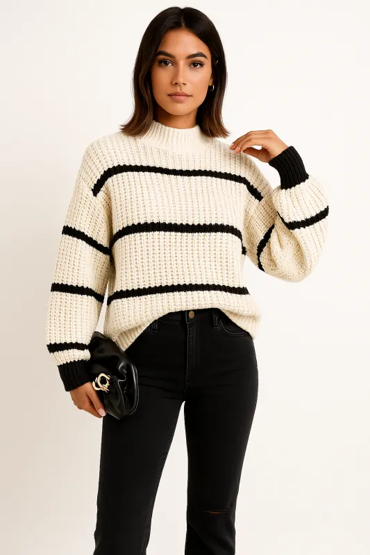 Women's Relaxed Fit Knit Sweater with Textured Stripes sold by Hensley London