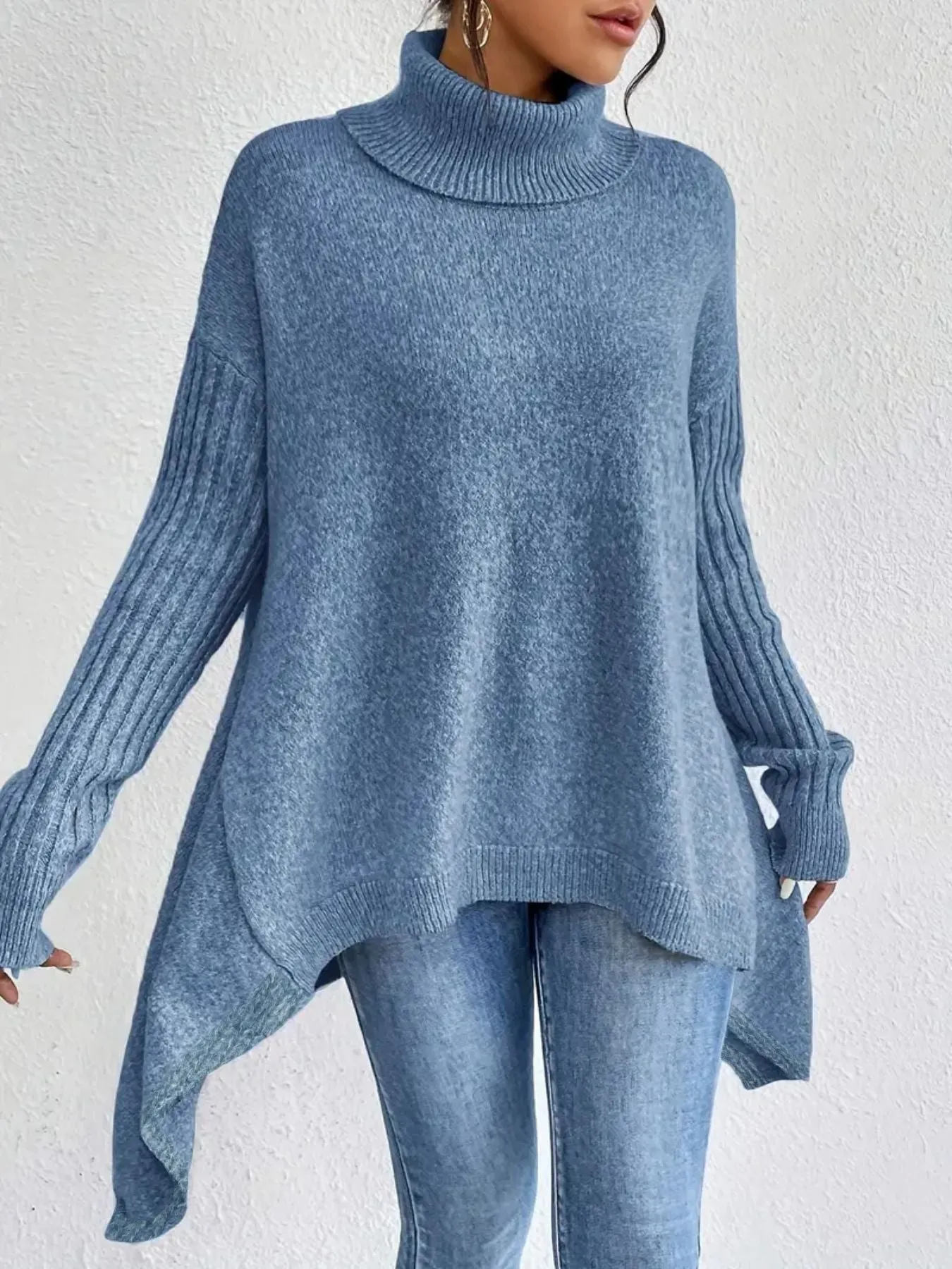Oversized Women's Turtleneck Sweater - Cozy Wool Knit with Asymmetrical Hem sold by Hensley London product image thumbnail 3