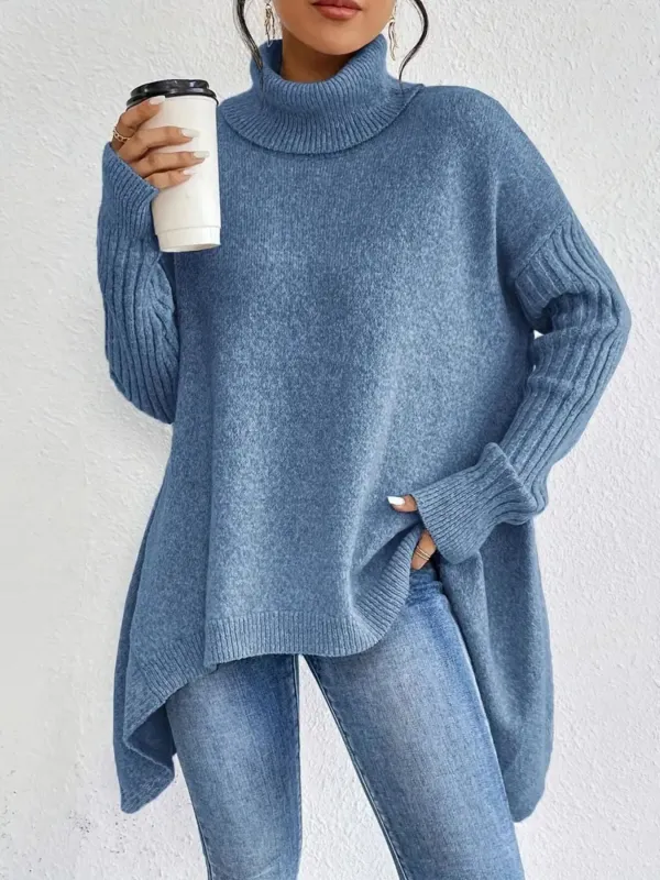 Oversized Women's Turtleneck Sweater - Cozy Wool Knit with Asymmetrical Hem sold by Hensley London