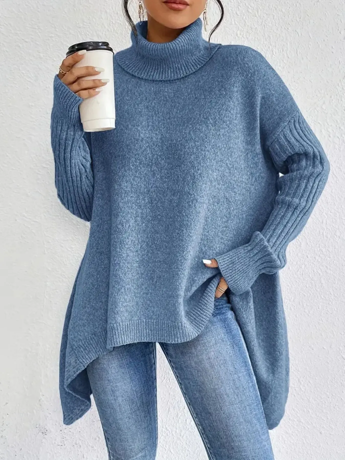 Oversized Women's Turtleneck Sweater - Cozy Wool Knit with Asymmetrical Hem sold by Hensley London