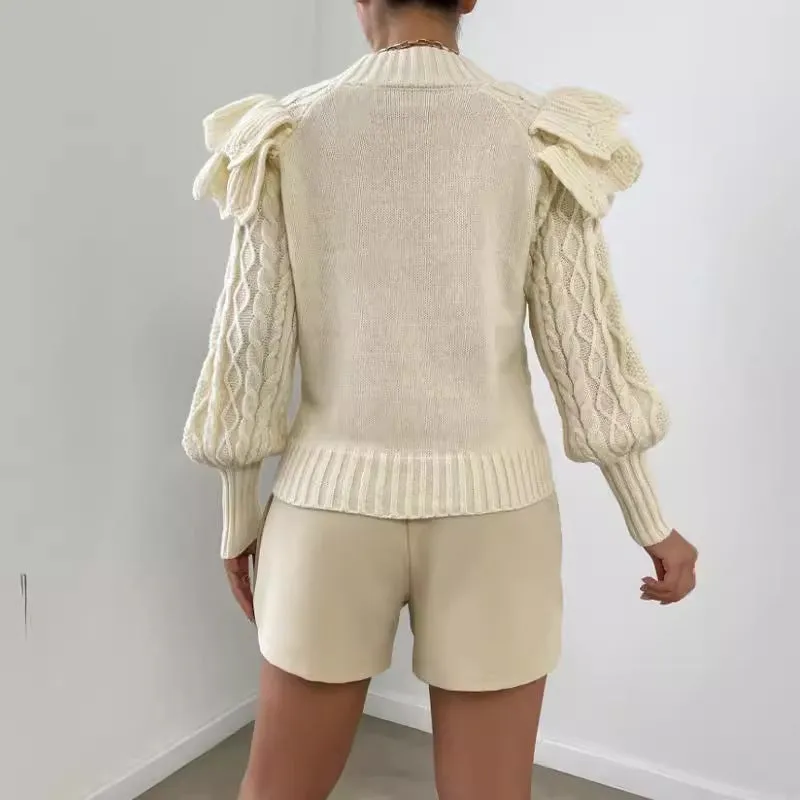 Women's Cropped Sweater Black Cable Knit with Ruffle Shoulders sold by Hensley London product image thumbnail 2