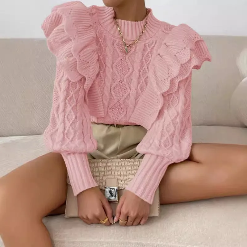 Women's Cropped Sweater Black Cable Knit with Ruffle Shoulders sold by Hensley London product image thumbnail 3