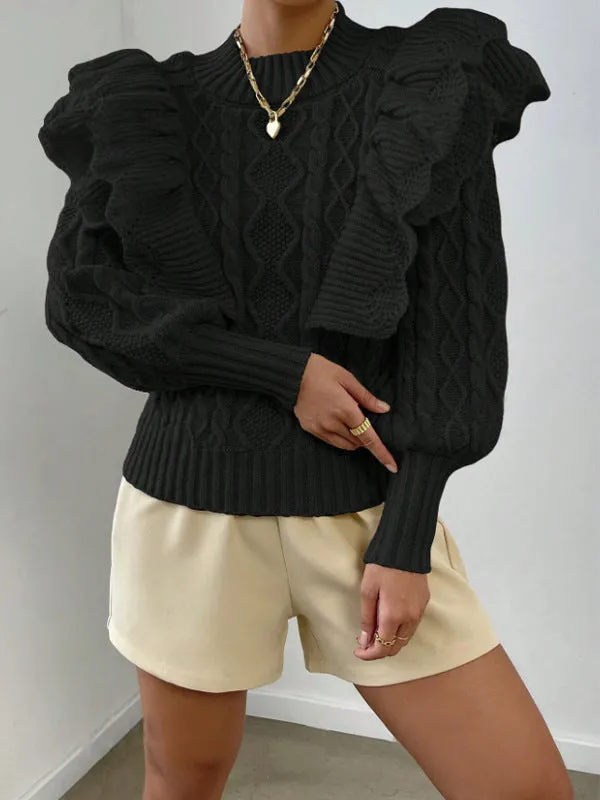 Women's Cropped Sweater Black Cable Knit with Ruffle Shoulders sold by Hensley London product image thumbnail 4