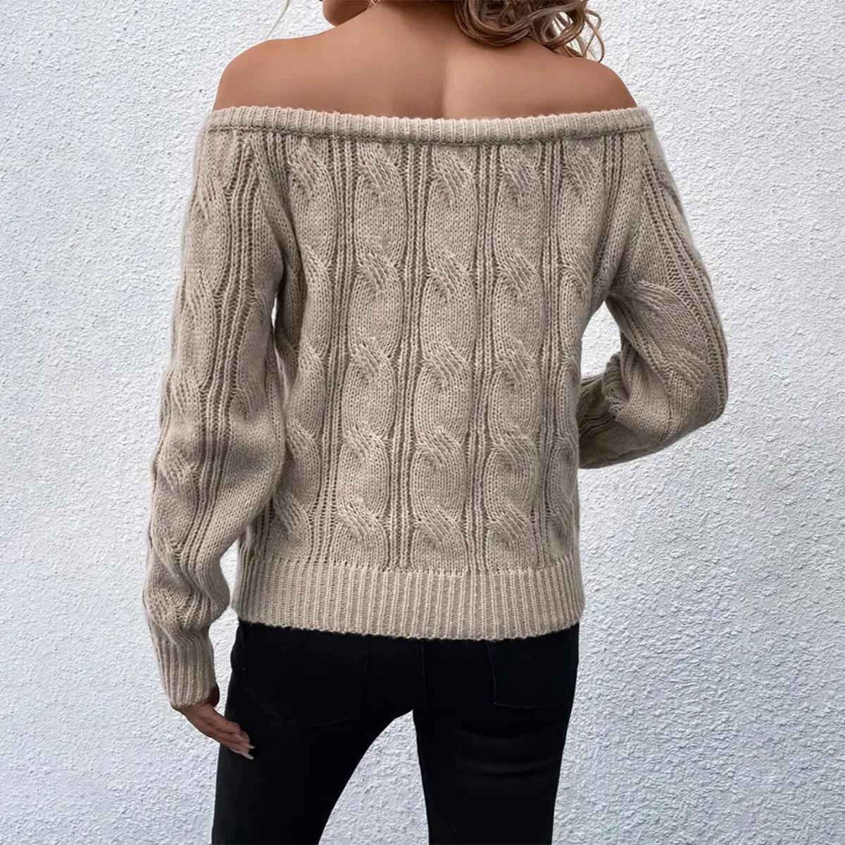 Off Shoulder Cable Knit Sweater for Women - Relaxed Fit with Ribbed Hem & Cuffs sold by Hensley London product image thumbnail 2