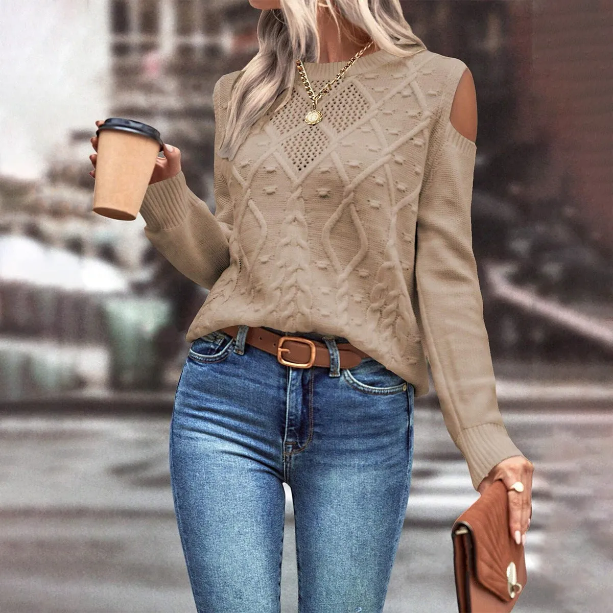 Women’s Open Shoulder Cable Knit Sweater – Loose Fit with Ribbed Cuffs sold by Hensley London