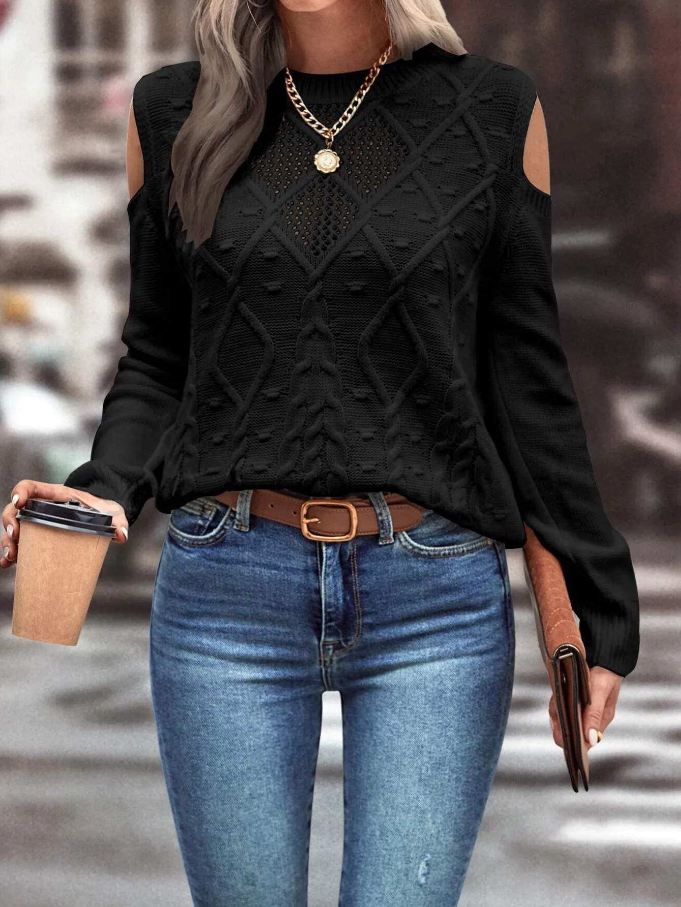 Women’s Open Shoulder Cable Knit Sweater – Loose Fit with Ribbed Cuffs sold by Hensley London product image thumbnail 5