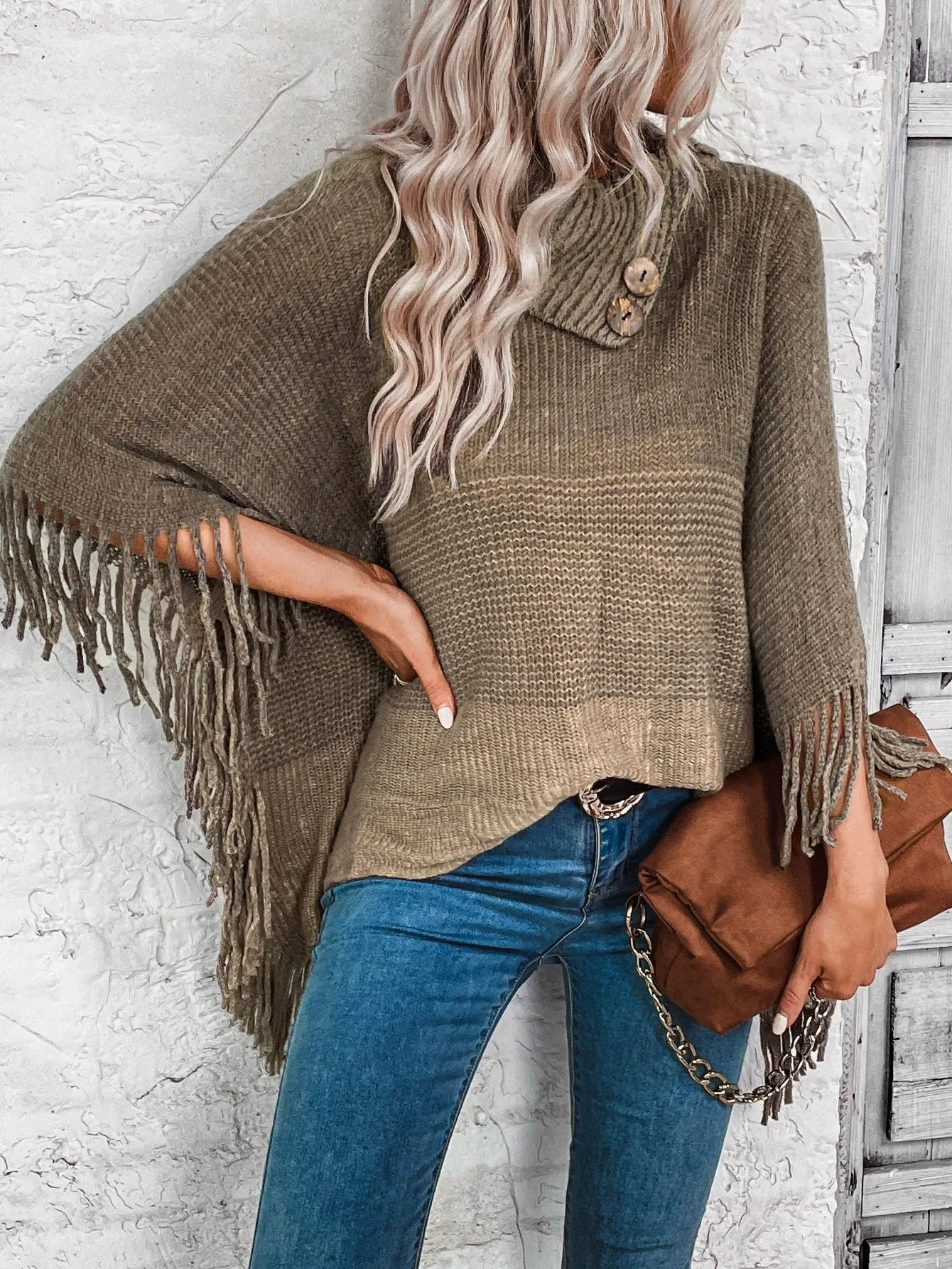 Stylish Women's Oversized Knitted Poncho - Wool Blend with Lapel Neck and Fringe Hem sold by Hensley London product image thumbnail 3