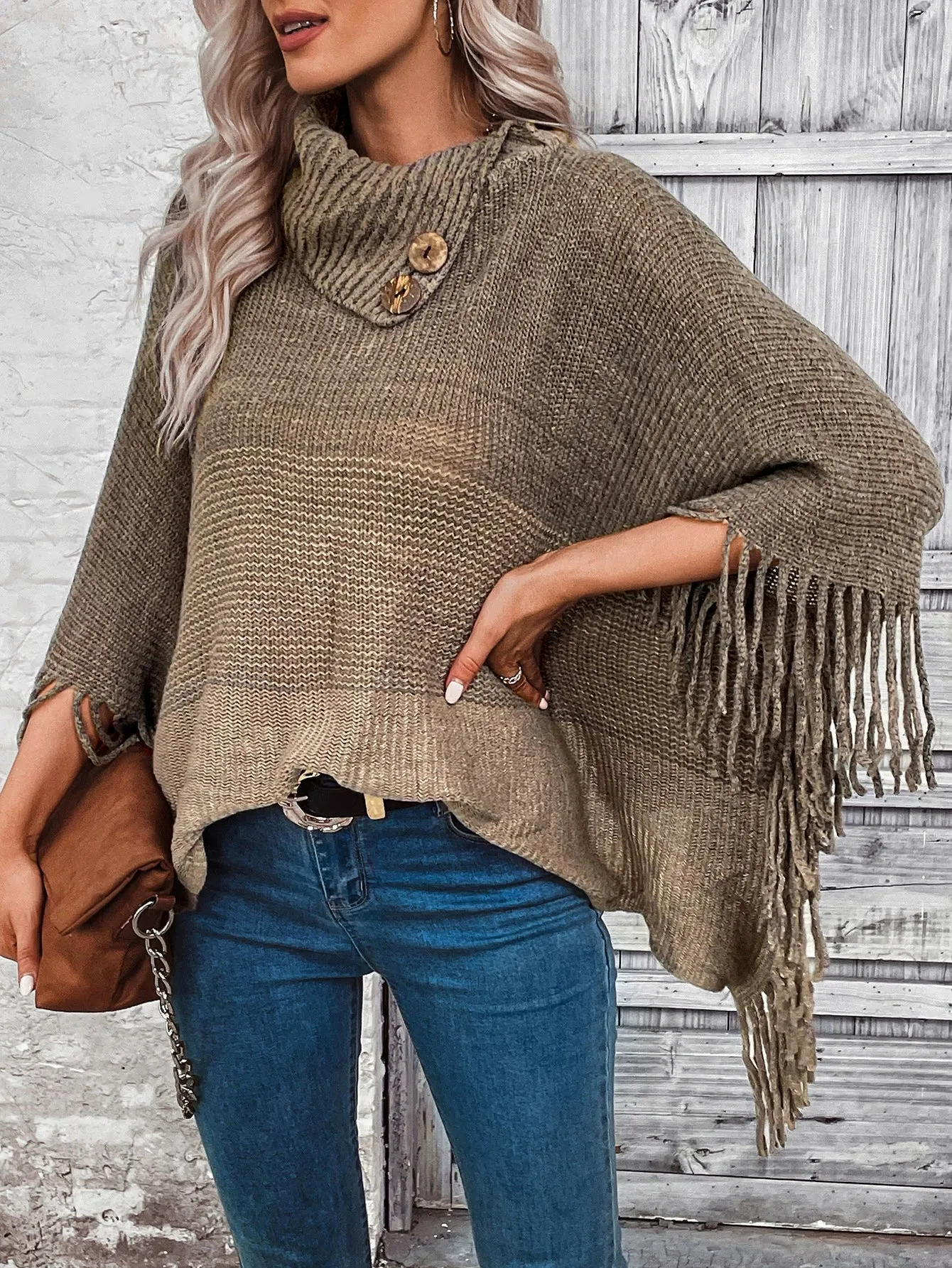Stylish Women's Oversized Knitted Poncho - Wool Blend with Lapel Neck and Fringe Hem sold by Hensley London product image thumbnail 4