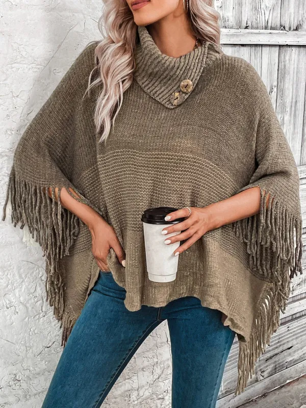 Stylish Women's Oversized Knitted Poncho - Wool Blend with Lapel Neck and Fringe Hem sold by Hensley London