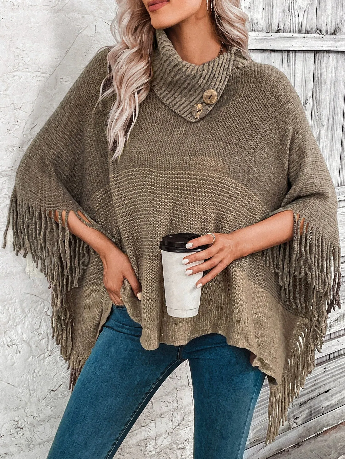 Stylish Women's Oversized Knitted Poncho - Wool Blend with Lapel Neck and Fringe Hem sold by Hensley London