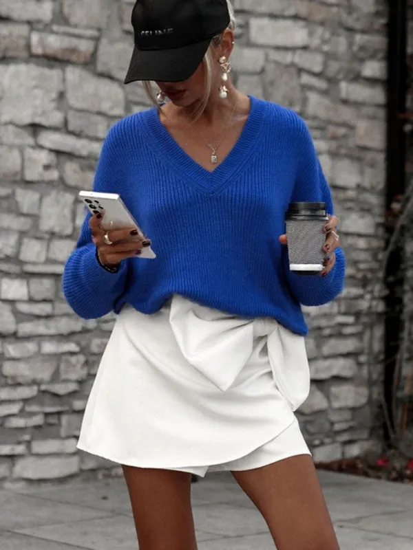 Oversized V-Neck Pullover Sweater for Women - Ribbed Knit with Balloon Sleeves sold by Hensley London