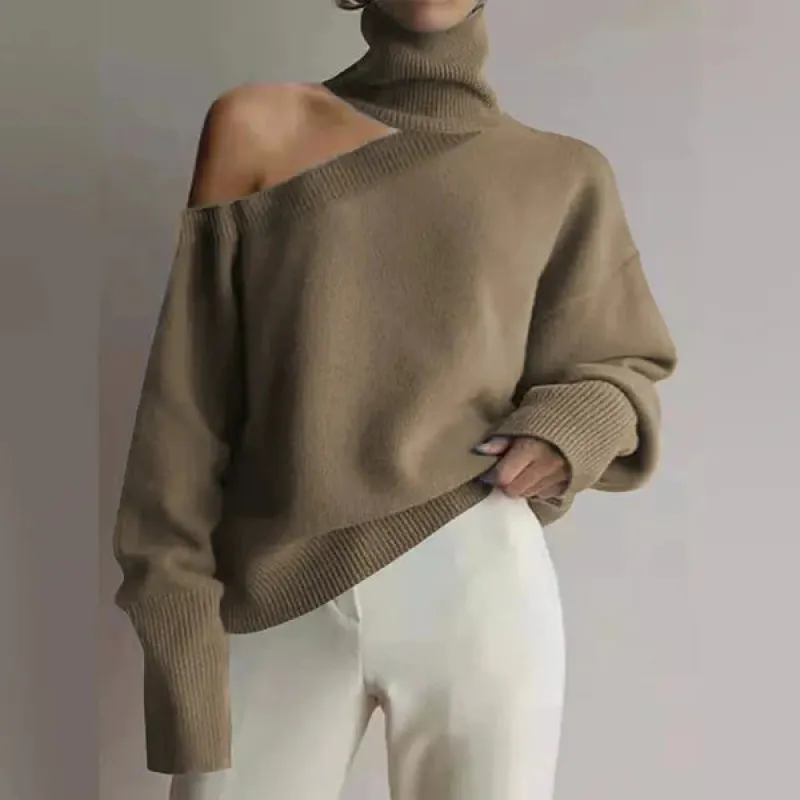 Women's Oversized Knit Sweater - Wool Blend Turtleneck with Shoulder Cut-Out sold by Hensley London