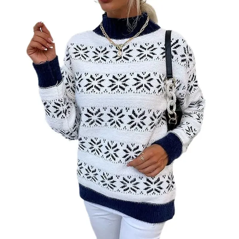 Women's Sweater White Wool Blend Half Turtleneck Snowflake Design sold by Hensley London product image thumbnail 5