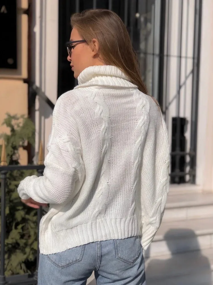 Women's Chunky Cable Knit Sweater - Relaxed Fit Turtleneck in Wool Blend sold by Hensley London