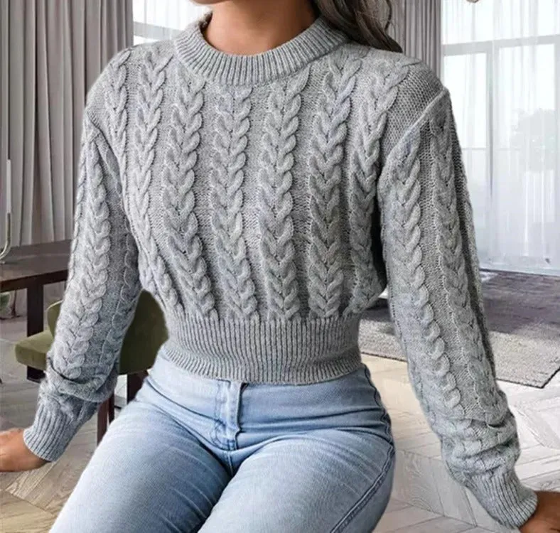 Women's Cropped Sweater Beige Wool Blend Cable Knit sold by Hensley London product image thumbnail 2