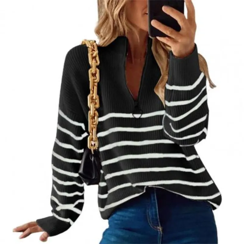 Women’s Relaxed Fit Striped Pullover Sweater with Zip Collar sold by Hensley London