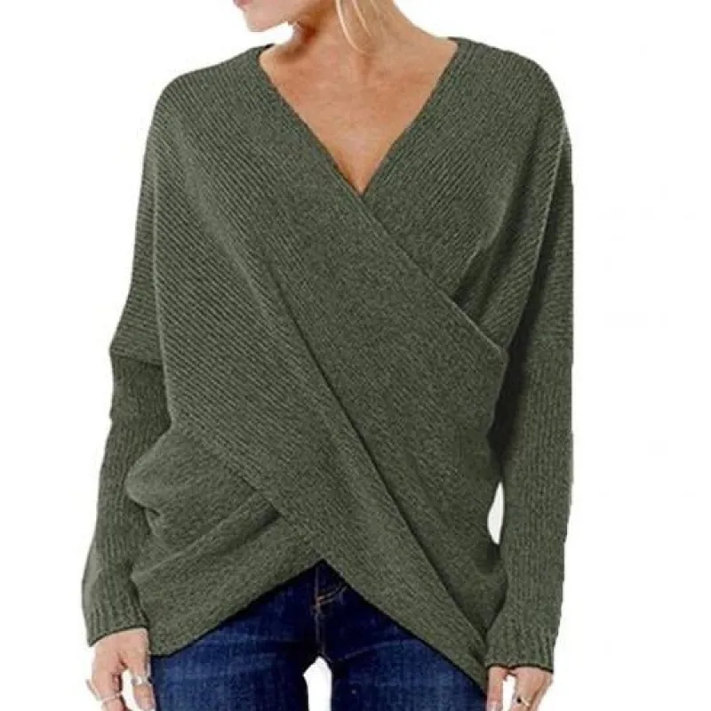 Women's Relaxed Fit Pullover Sweater - Wool Blend Crossover V-Neck sold by Hensley London
