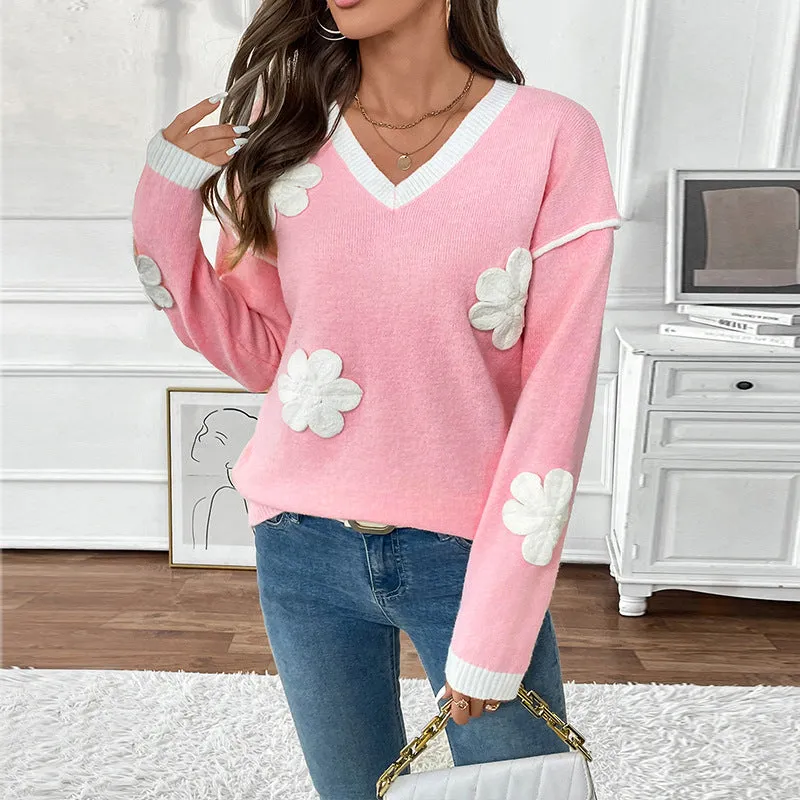 Women's Soft Knit V-Neck Pullover Sweater with Floral Appliqué sold by Hensley London product image thumbnail 2