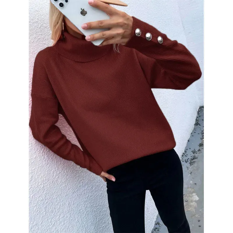 Women's Oversized Turtleneck Sweater - Ribbed Knit Long Sleeve with Button Details sold by Hensley London product image thumbnail 3