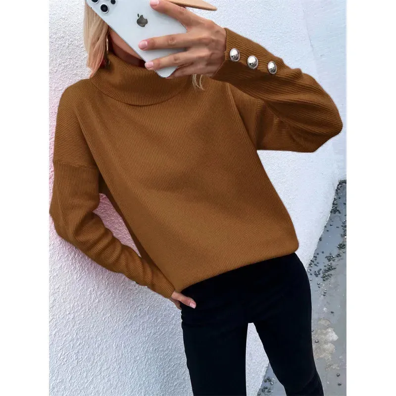 Women's Oversized Turtleneck Sweater - Ribbed Knit Long Sleeve with Button Details sold by Hensley London product image thumbnail 4