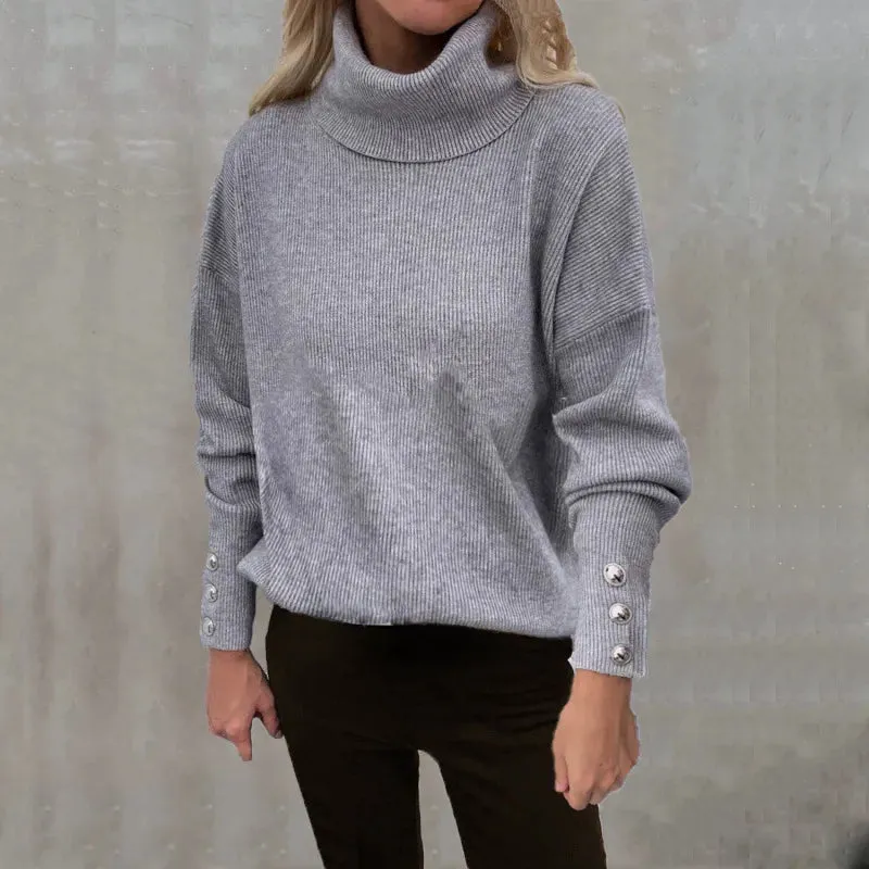 Women's Oversized Turtleneck Sweater - Ribbed Knit Long Sleeve with Button Details sold by Hensley London