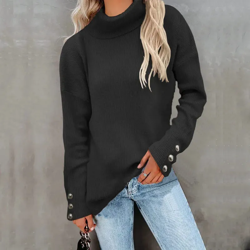 Women's Oversized Turtleneck Sweater - Ribbed Knit Long Sleeve with Button Details sold by Hensley London product image thumbnail 2
