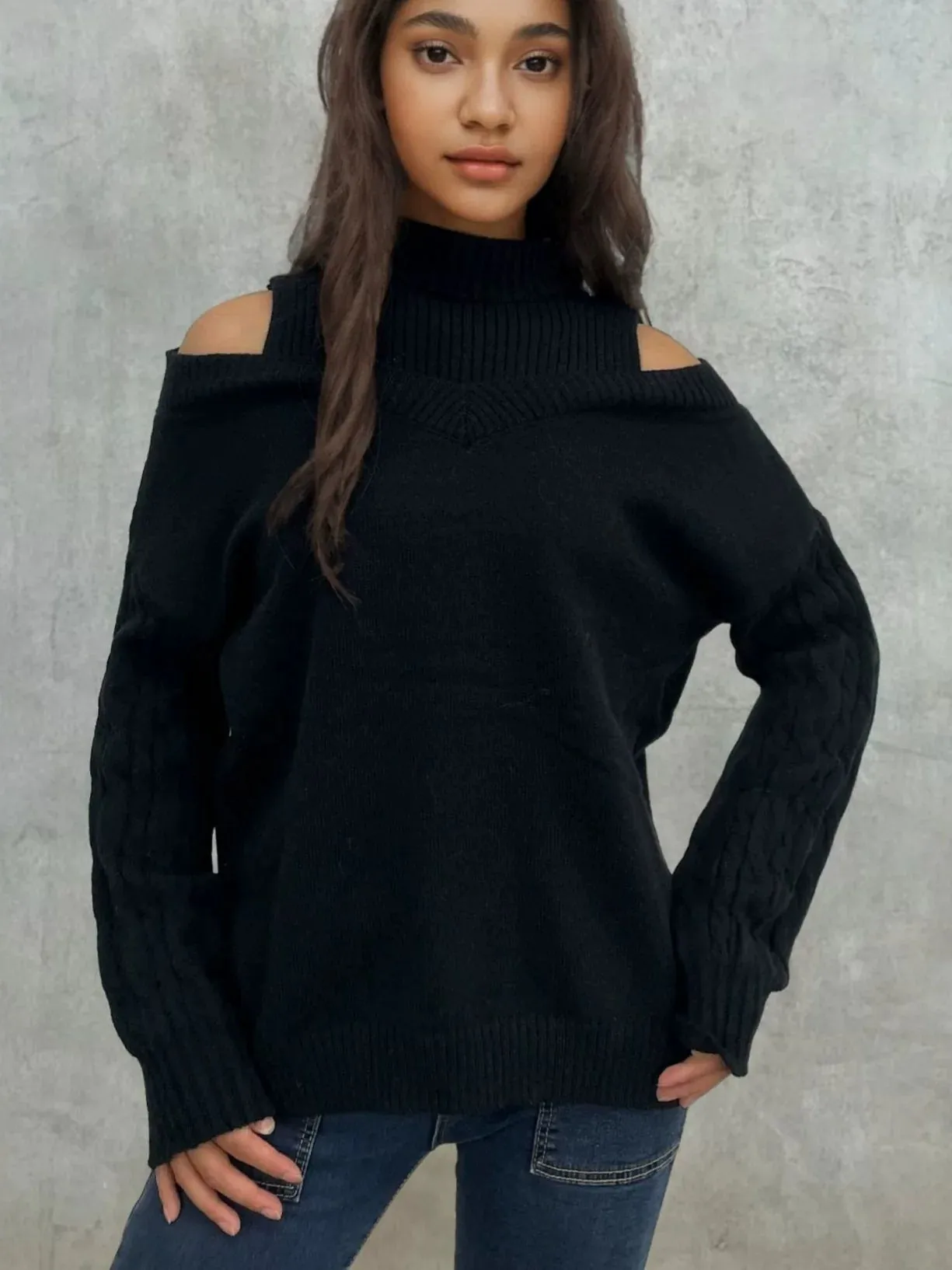 Chic Off-Shoulder Cable Knit Sweater for Women sold by Hensley London product image thumbnail 4