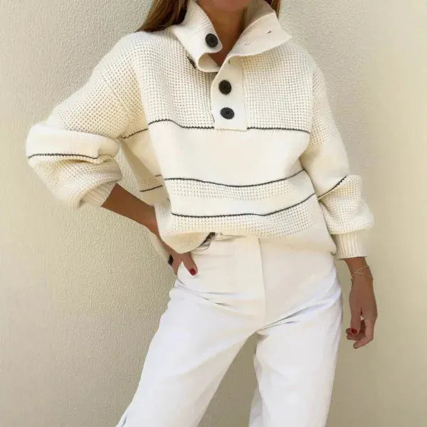 Oversized Striped Knitted Sweater for Women - High Neck Wool Blend Pullover sold by Hensley London