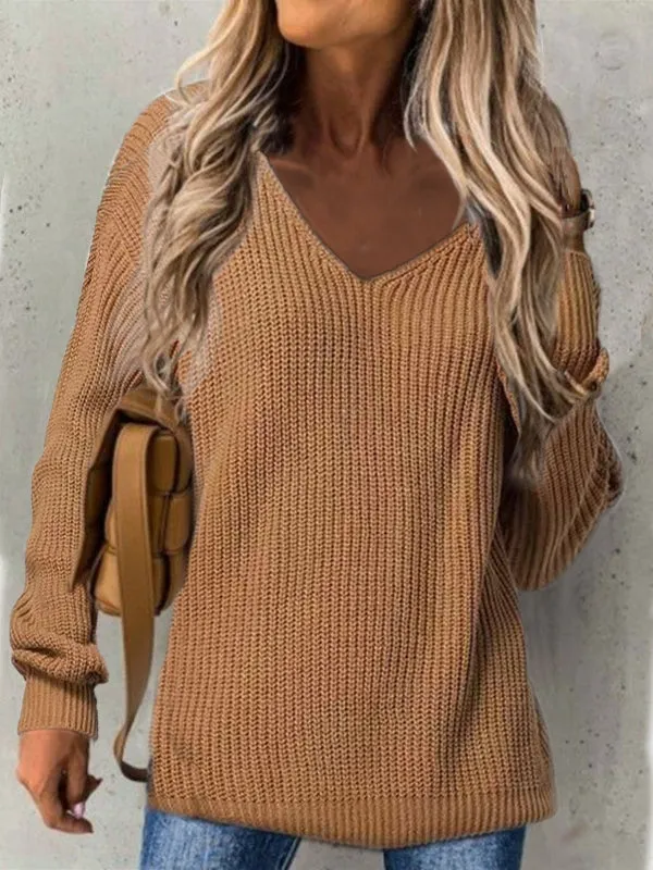 Women's Oversized Sweater V-Neck Ribbed Texture Casual Knit Fiber Blend sold by Hensley London product image thumbnail 5