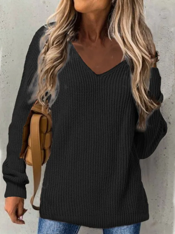 Women's Oversized Sweater V-Neck Ribbed Texture Casual Knit Fiber Blend sold by Hensley London product image thumbnail 2
