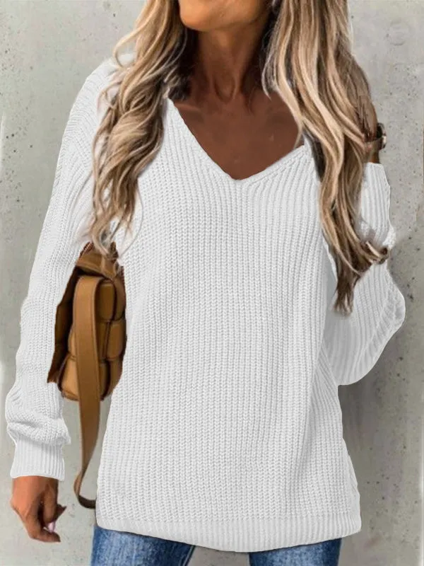 Women's Oversized Sweater V-Neck Ribbed Texture Casual Knit Fiber Blend sold by Hensley London product image thumbnail 3