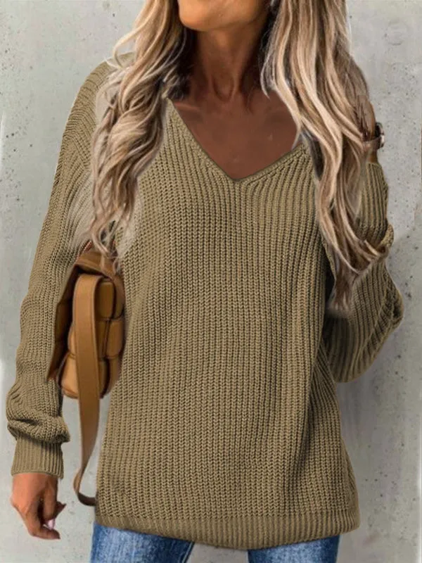 Women's Oversized Sweater V-Neck Ribbed Texture Casual Knit Fiber Blend sold by Hensley London product image thumbnail 4