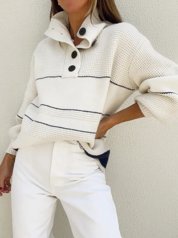 Women’s Knit Pullover - Relaxed Fit with Button Collar and Ribbed Trim sold by Hensley London