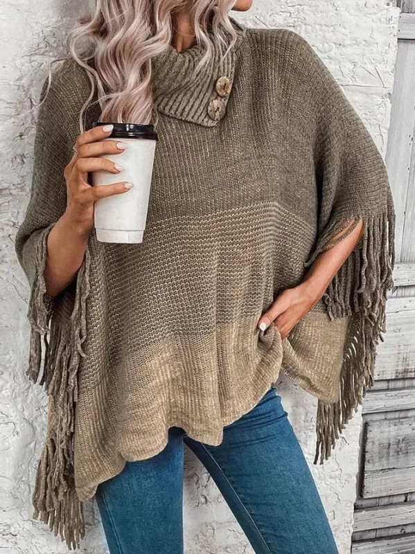 Oversized Ribbed Turtleneck Knit Top for Women - Soft Texture with Fringed Hem sold by Hensley London