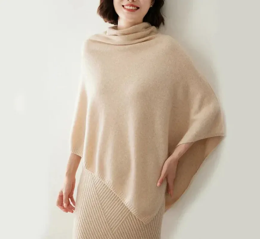 Oversized Wool Blend Poncho Top with Cowl Neck and Asymmetrical Hem sold by Hensley London