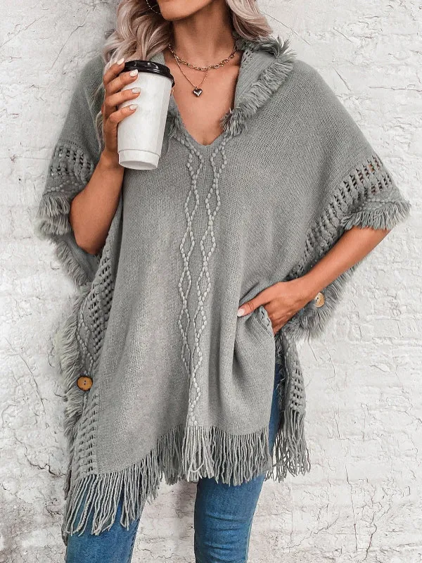 Women's Oversized Hooded Poncho - Knitted Wool Blend with Fringe Hem sold by Hensley London