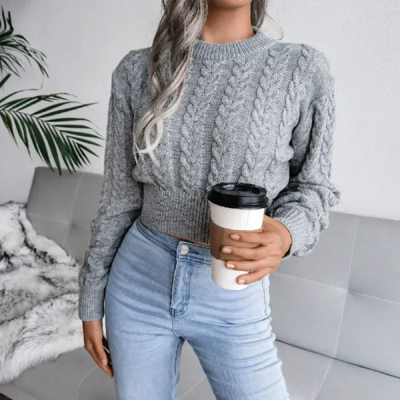 Women's Cable Knit Crop Sweater - Long Sleeve Crew Neck with Ribbed Hem sold by Hensley London